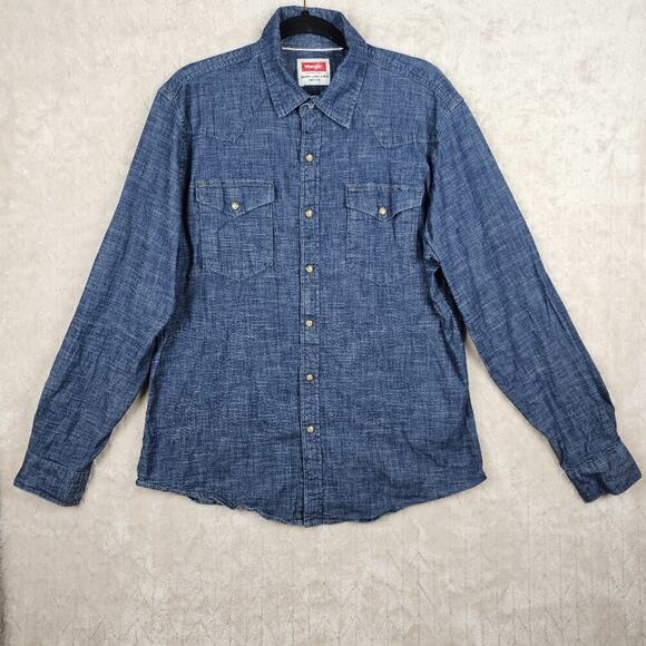 Wrangler Pearl Snap Shirt Mens Large Denim Western Work Wear Yoke Stretch Retro - Picture 1 of 5